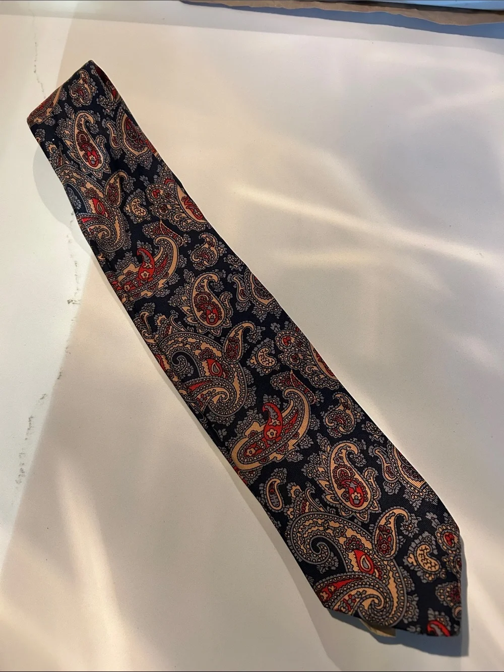 Navy Paisley Tie with Red and Tan Accents